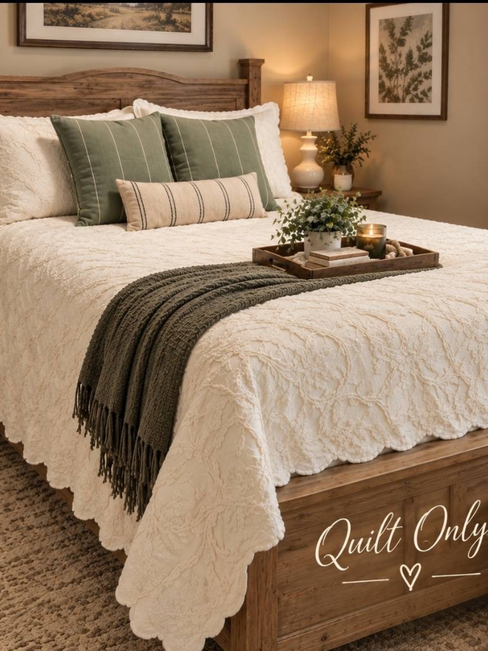 Beautiful off-white/ivory queen-size quilt with an elegant raised floral design